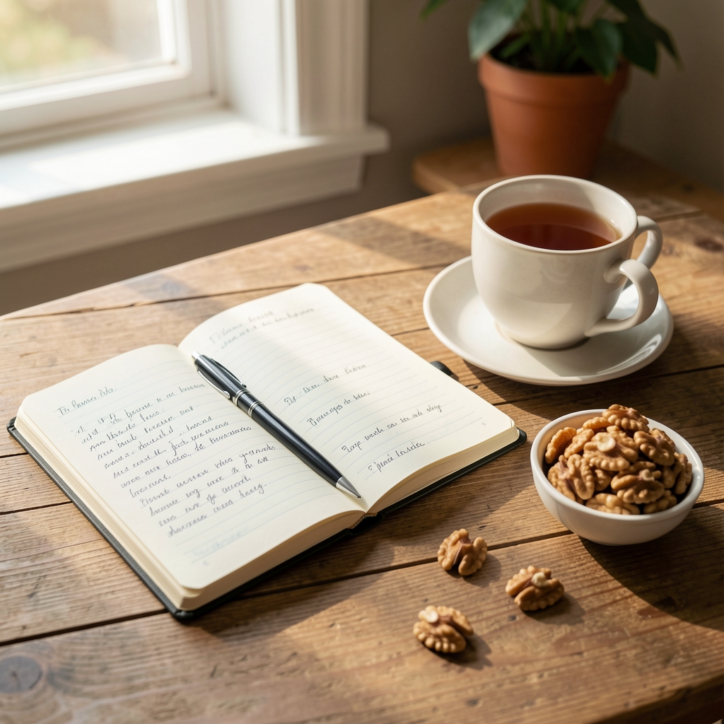 Notebook open on a wooden desk with handwritten notes beside a cup of tea and a small bowl of walnuts in morning daylight