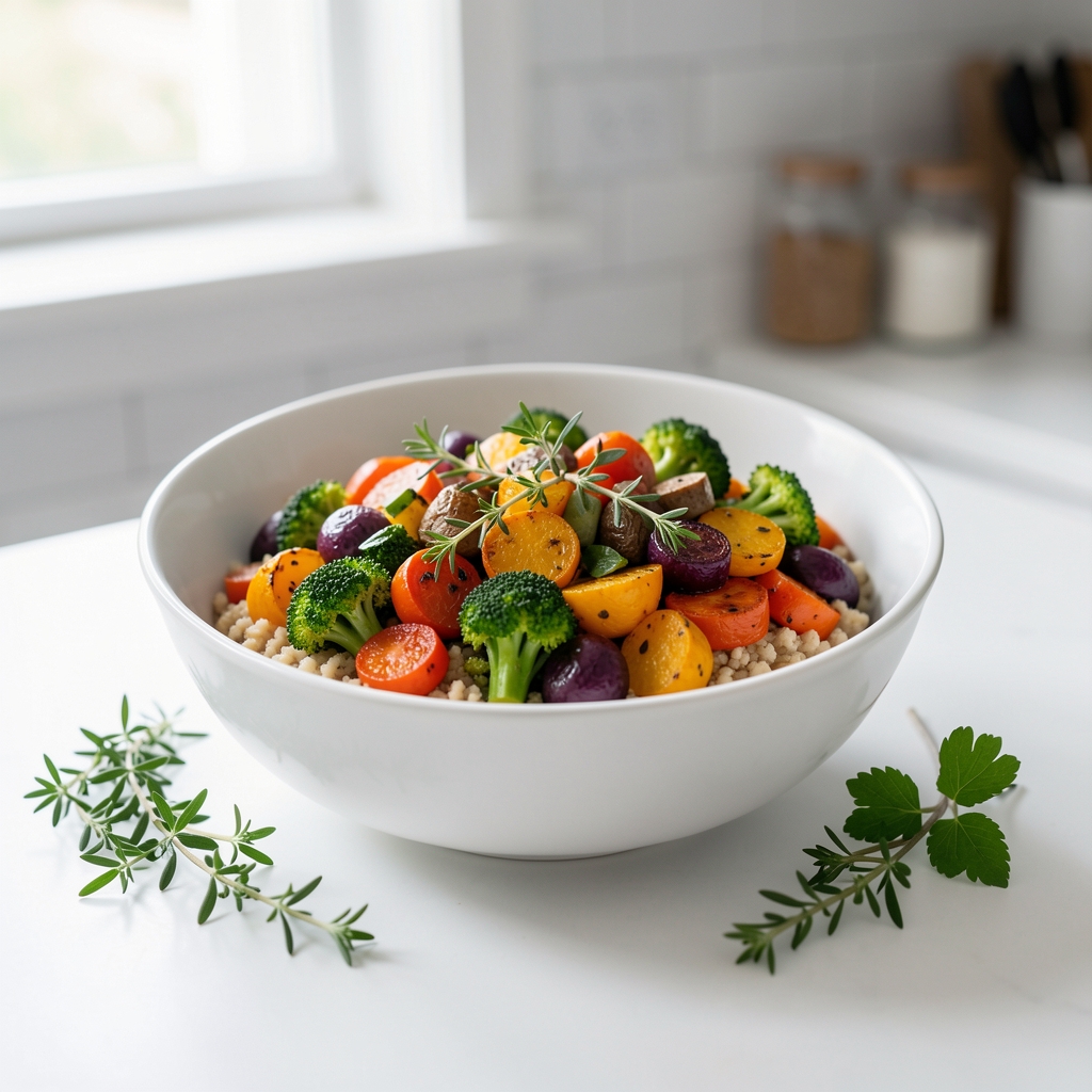 Freshly prepared seasonal vegetable bowl with grain base, colourful roasted vegetables, herbs on a clean white kitchen surface with natural daylight